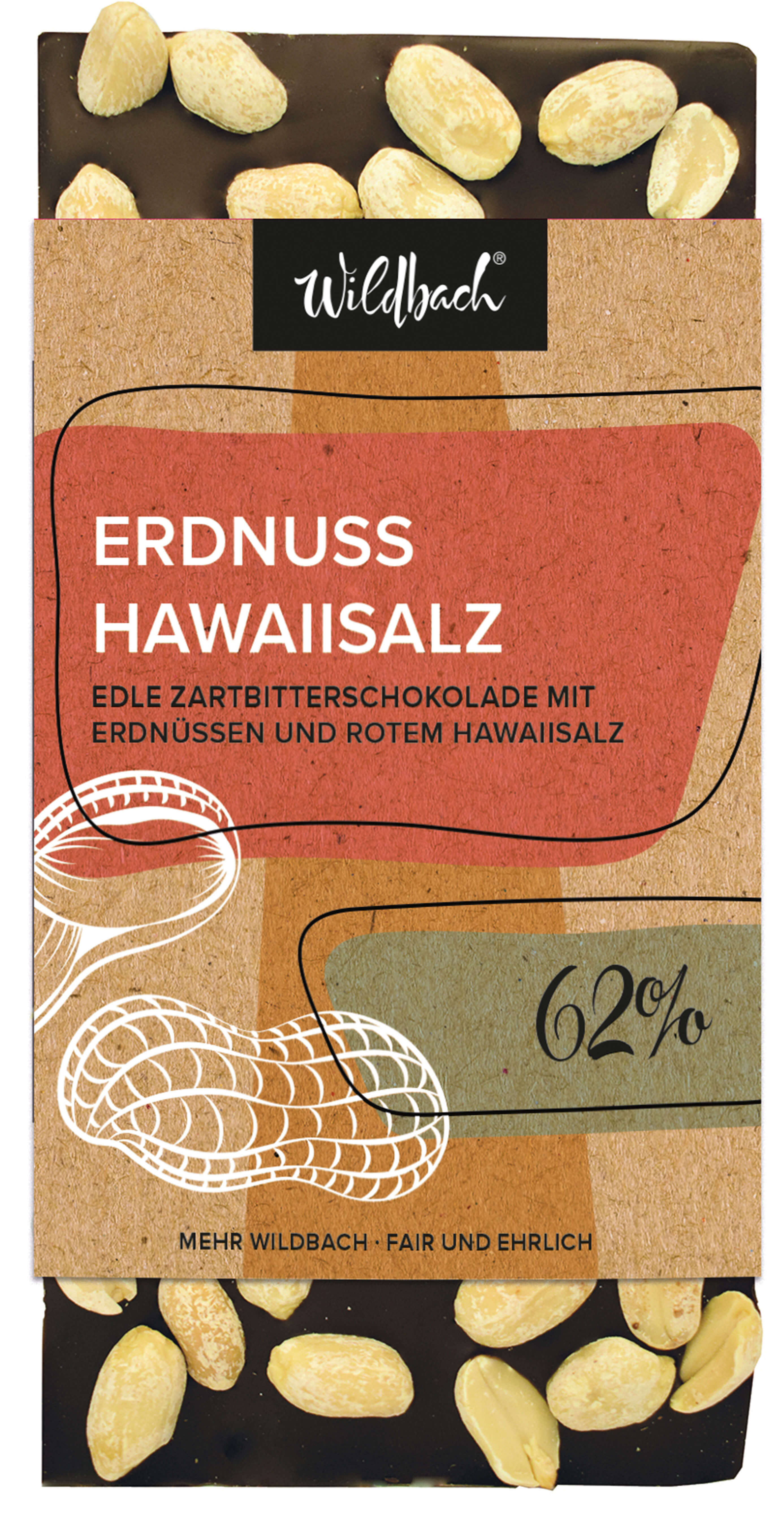 Wildbach Erdnuss-Hawaiisalz Zartbitterschokolade 62% – 90g Tafel