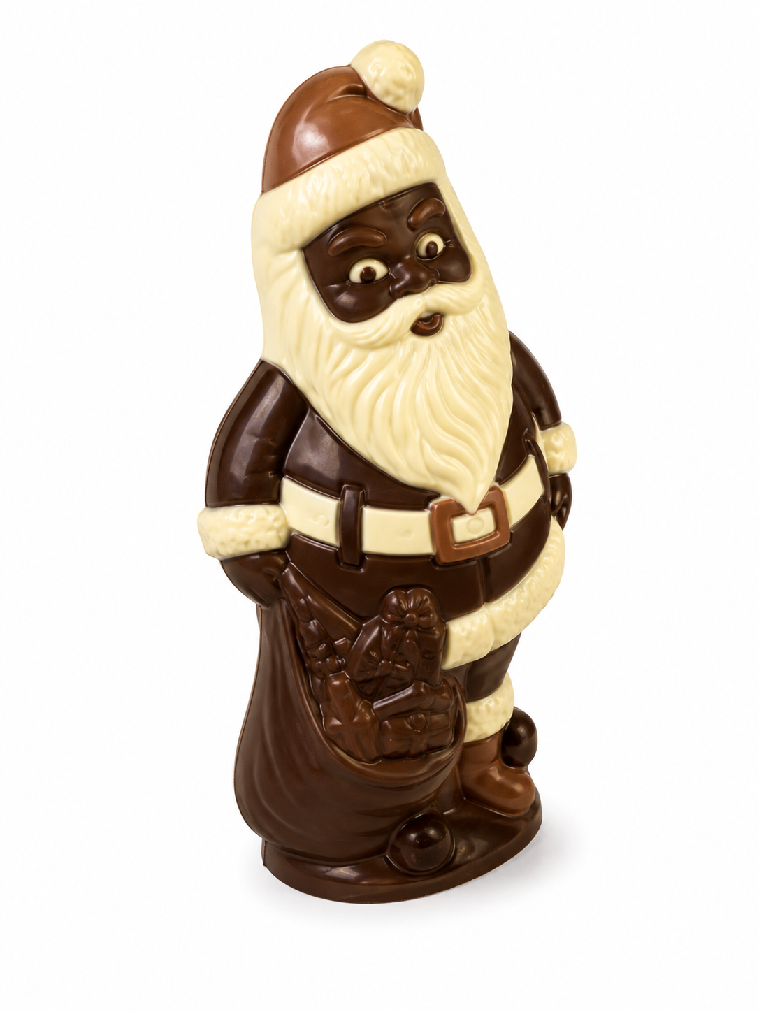Weihnachtsmann mit Geschenken aus Zartbitterschokolade