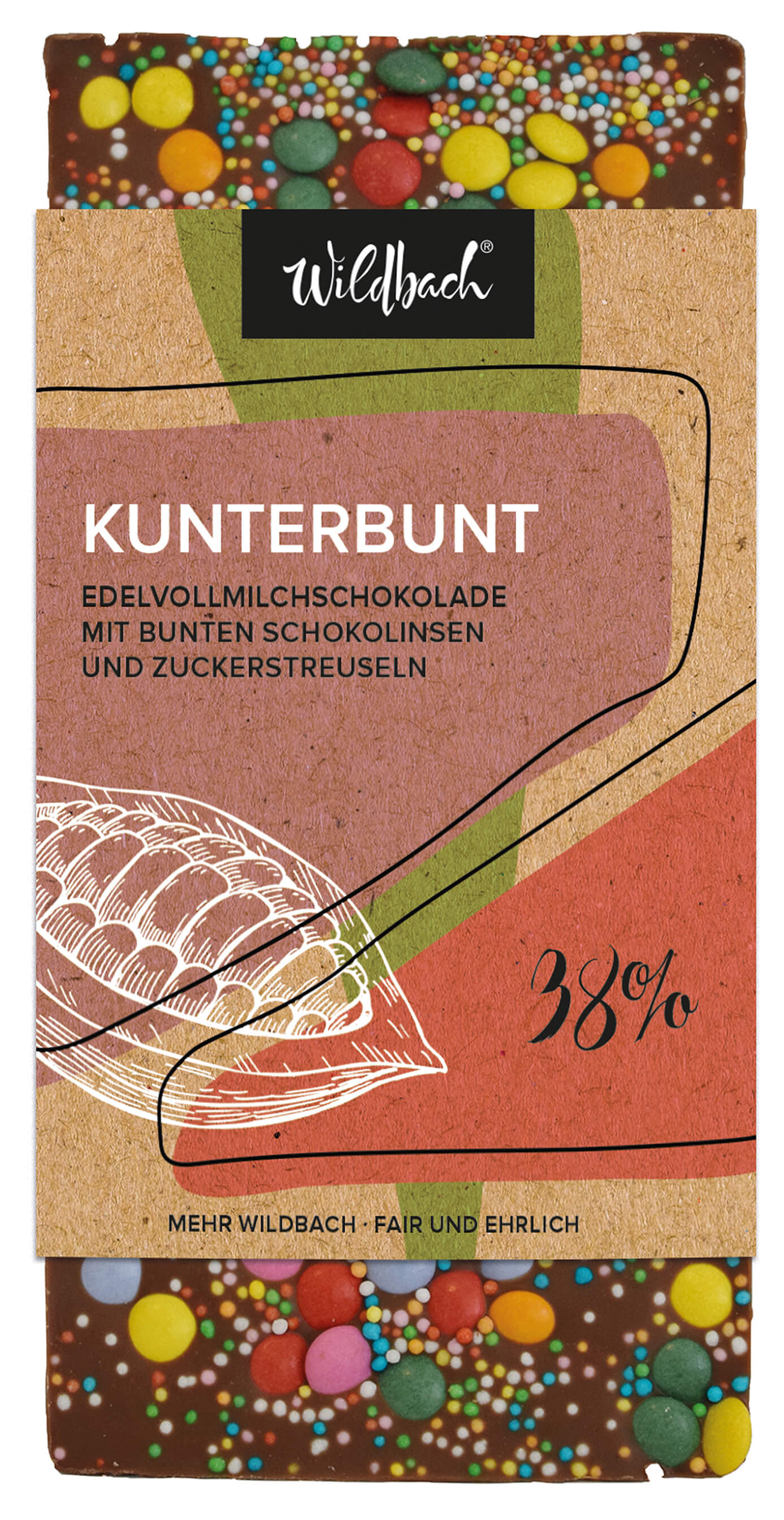 Wildbach Kunterbunt Vollmilchschokolade 38% – 90g Tafel